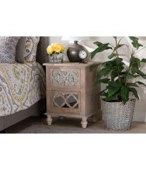 Baxton Studio Celia Transitional Rustic French Country White-Washed Wood and Mirror 2-Drawer Quatrefoil End Table - JY17A039-Natural Brown/Silver-ET