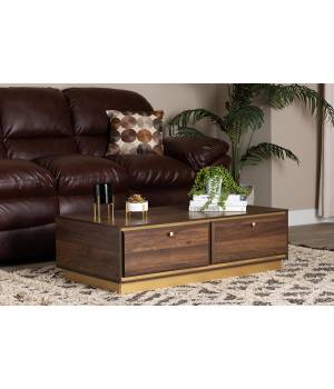 Baxton Studio Cormac Mid-Century Modern Transitional Walnut Brown Finished Wood and Gold Metal 2-Drawer Coffee Table - Wholesale Interiors LV28CFT28140-Walnut-CT