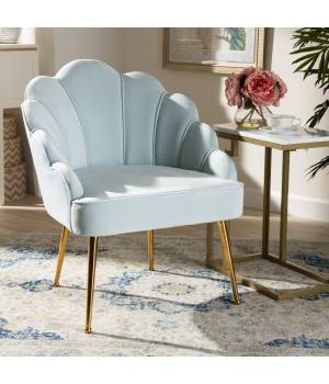 Baxton Studio Cinzia Glam & Luxe Light Blue Velvet Fabric Gold Finished Seashell Shaped Accent Chair - Wholesale Interiors TSF-6665-Light Blue/Gold-CC