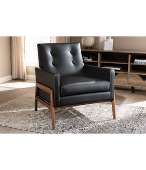 Baxton Studio Perris Mid-Century Modern Black Faux Leather Upholstered Walnut Wood Lounge Chair - 95-BBT8042-Black-CC