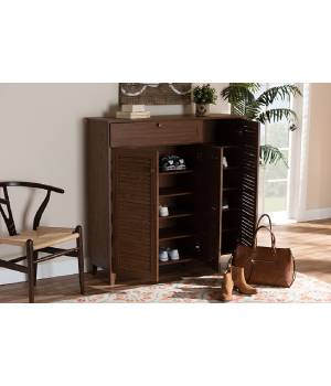 Baxton Studio Coolidge Modern & Contemporary Walnut Finished 11-Shelf Wood Shoe Storage Cabinet w/  Drawer - FP-05LV-Walnut