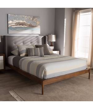 Baxton Studio Brooklyn Mid-Century Modern Walnut Wood Grey Fabric King Size Platform Bed  BBT6653-Grey-King-XD45