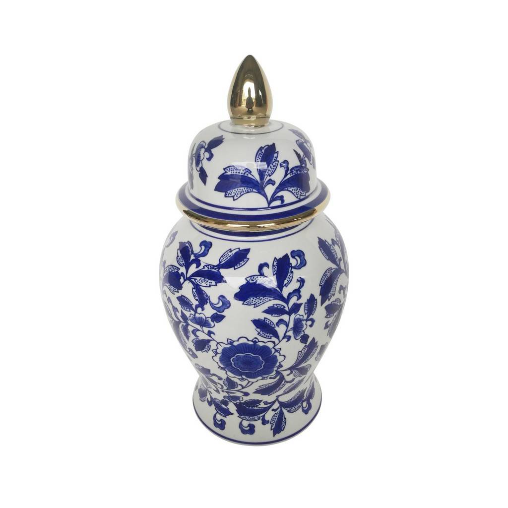 14&quot; Temple Jar With Rose Flower, Blue &amp; White - Sagebrook Home 15425-01