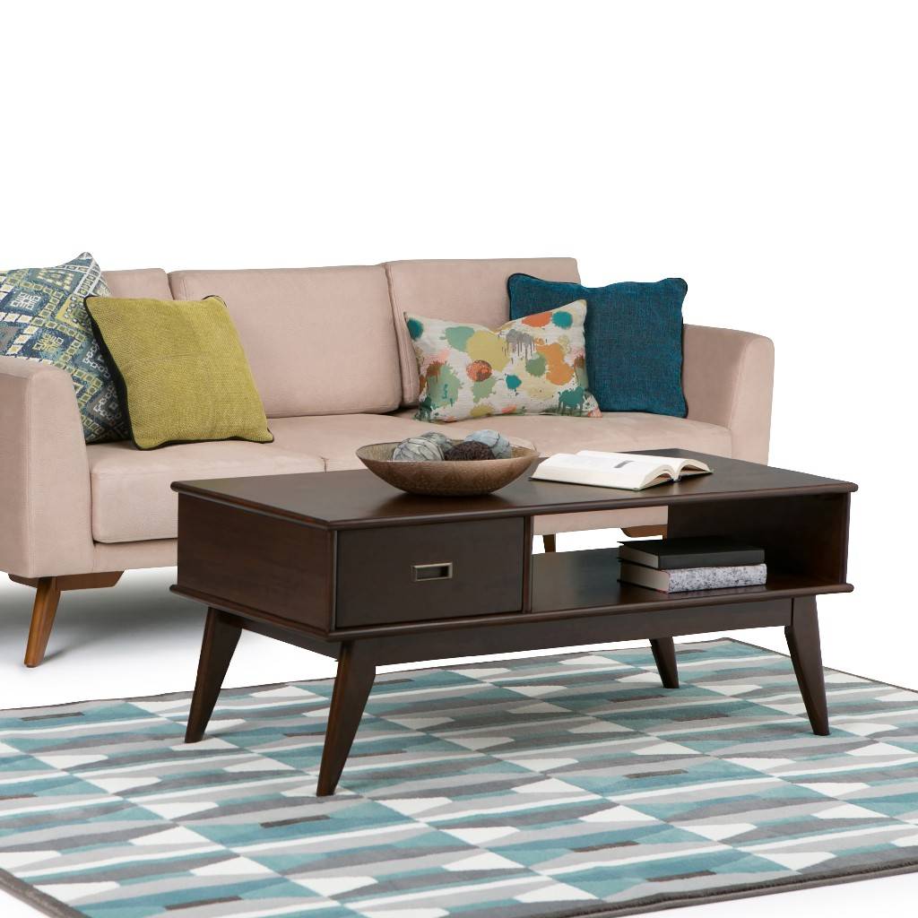 SIMPLIHOME Draper SOLID HARDWOOD 48 inch Wide Rectangle Mid Century Modern Coffee Table in Medium Auburn Brown for the Living Room and Family Room 