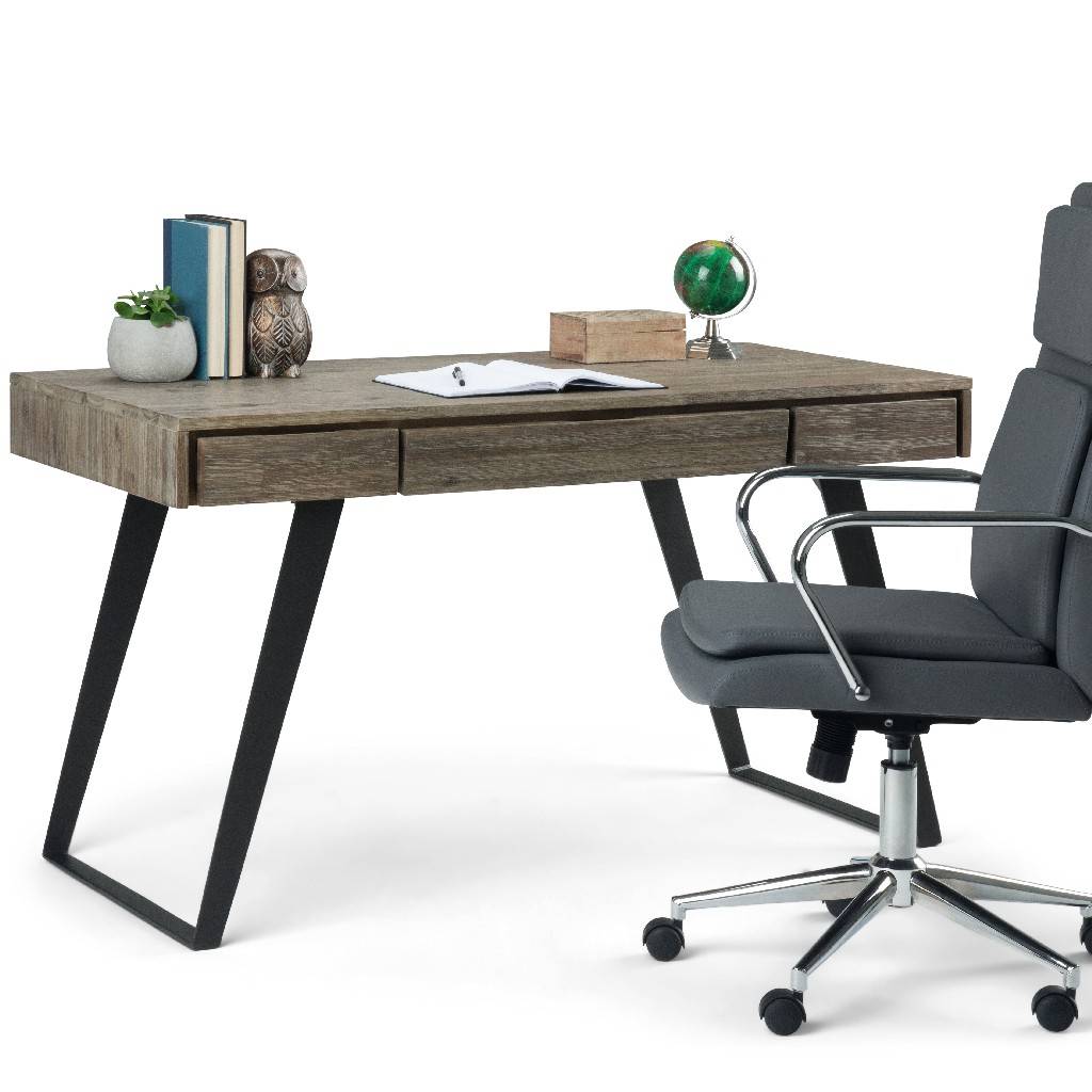 Lowry Solid Acacia Wood Modern, Distressed Grey Office Desk