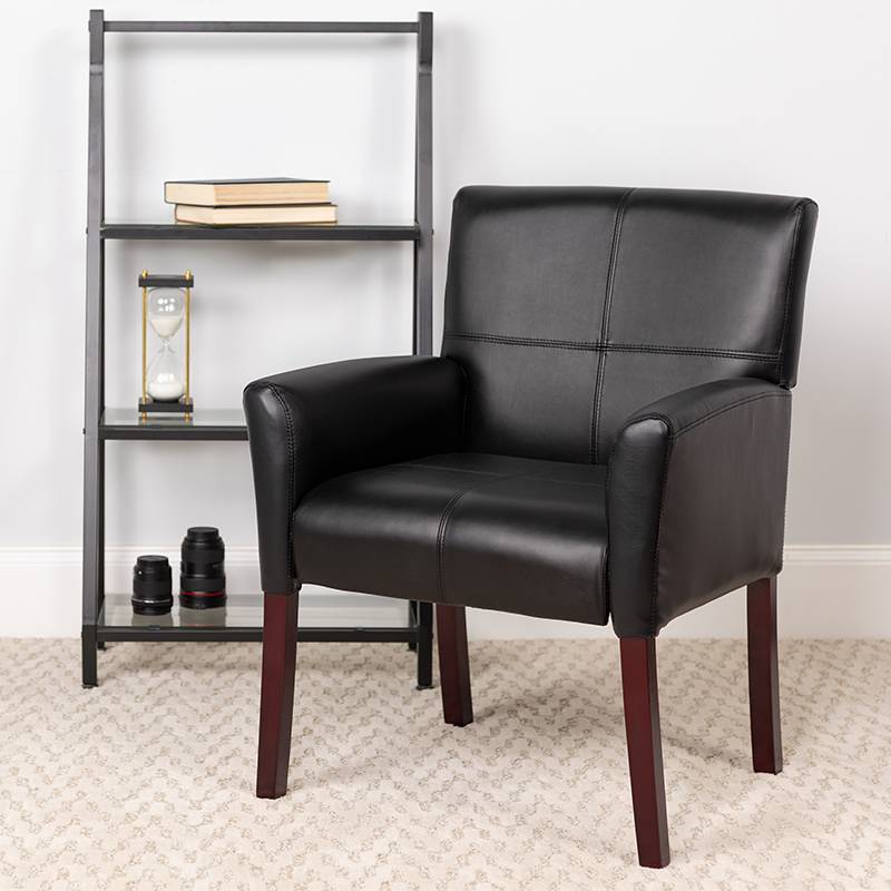 Black Leather Executive Reception Chair with Mahogany Legs BT-353-BK-LEA-GG 