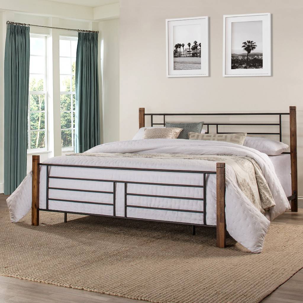 Metal King Headboard with Horizontal and Vertical Design and Wood Posts,... 