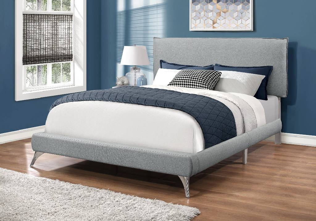 Queen Size Bed Grey Linen W Chrome, Grey Linen Platform Bed Queen Size