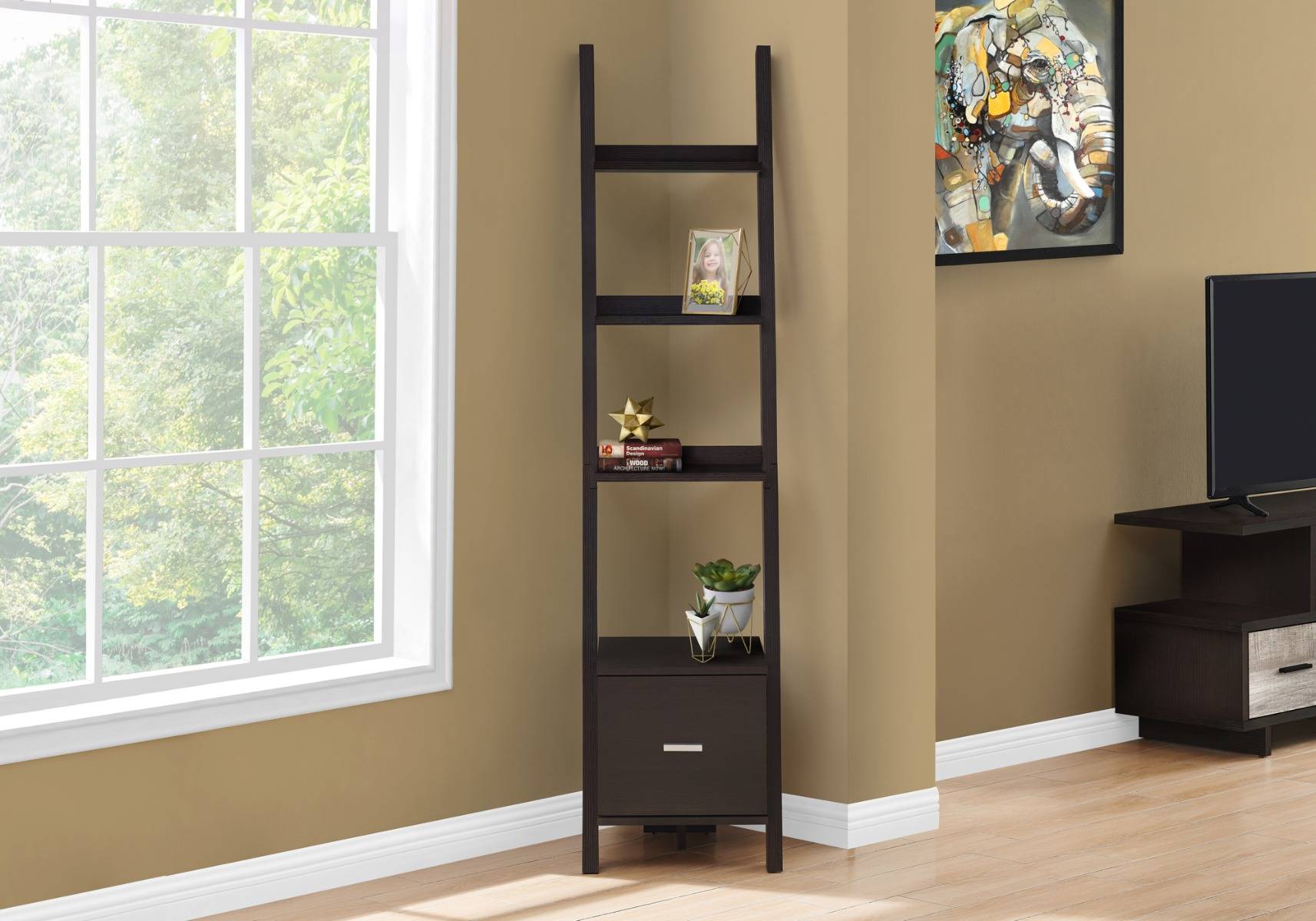 69 H Cappuccino Bookcase Etagere W, Etagere Bookcase With Drawers