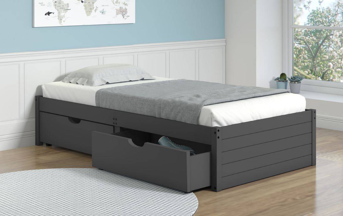 Twin Dark Grey Bed With Dual Under, Twin Bed With Drawers Underneath