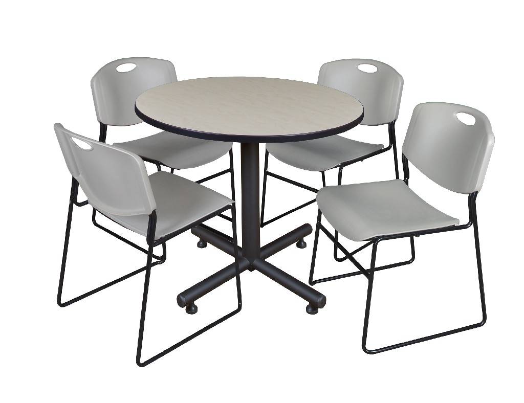 Regency Kobe 36-Inch Round Breakroom Table Grey and 4 Zeng Stack Chairs Grey 