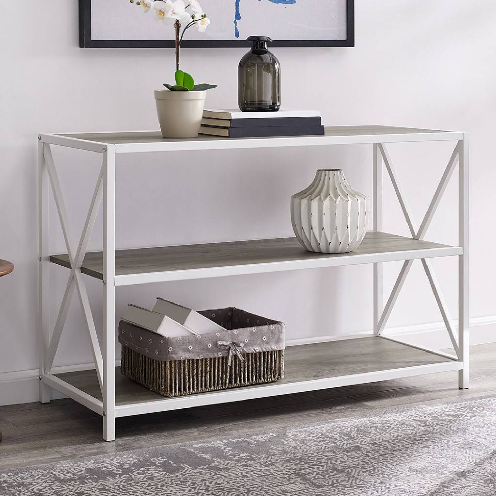 Industrial Wood Bookcase In Grey Wash, White Metal Bookcase