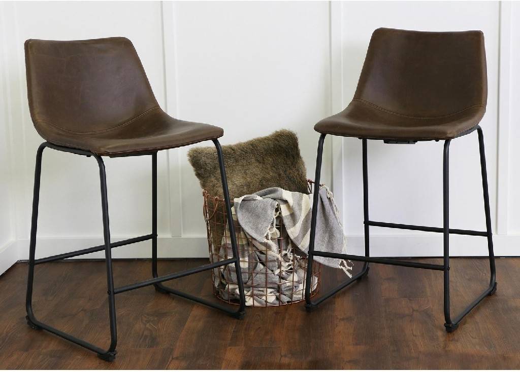 24 Industrial Faux Leather Counter, Brown Faux Leather Bar Stools Set Of 2