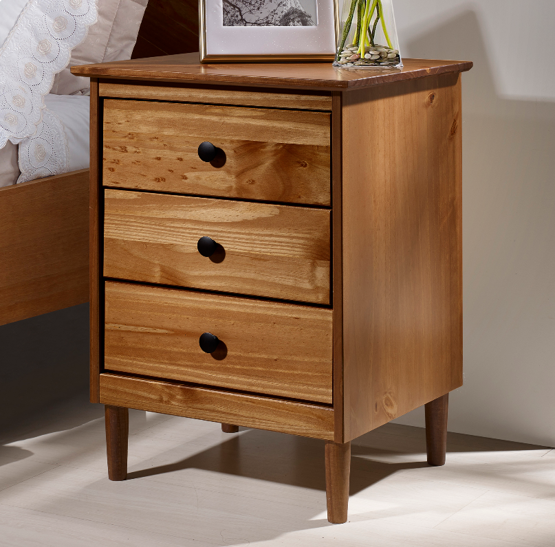 Classic Mid Century Modern 3-Drawer Solid Wood Nightstand in Caramel -  Walker Edison BR3DNSCA