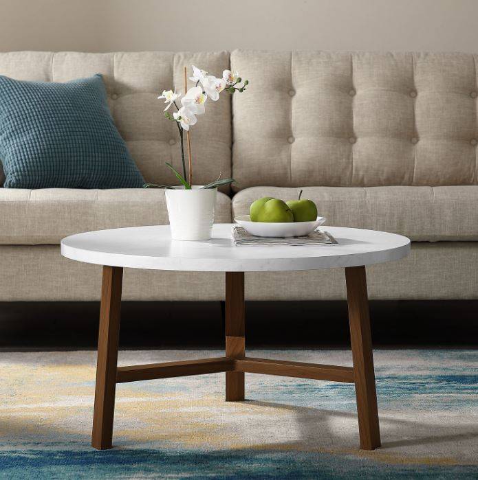 Walker Edison Af30emctpc, White Coffee Table Round With Wooden Legs
