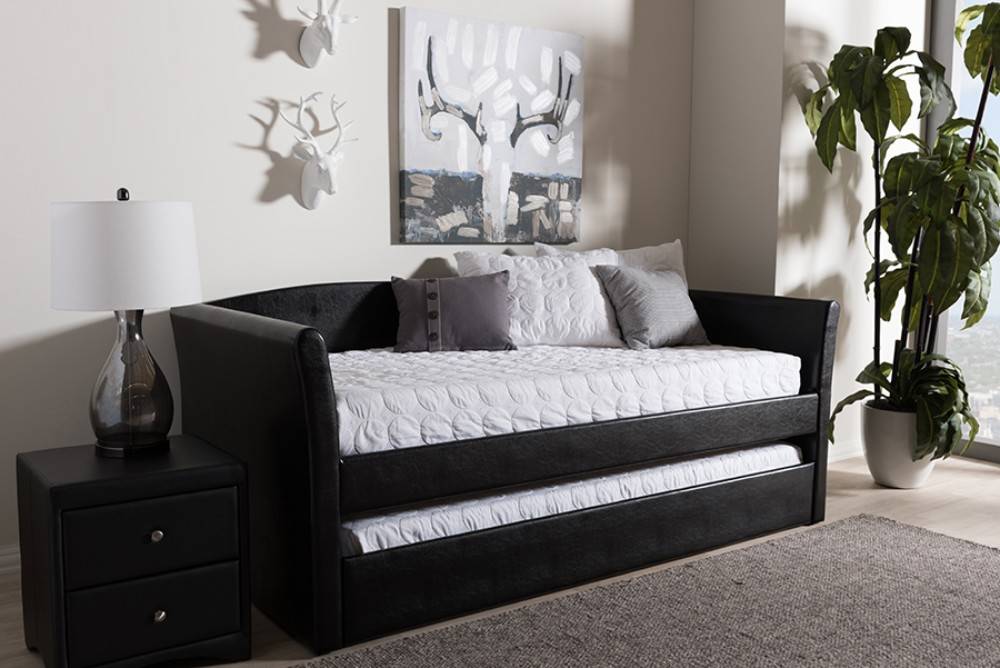 Black Faux Leather Upholstered Daybed, Black Leather Daybed Trundle