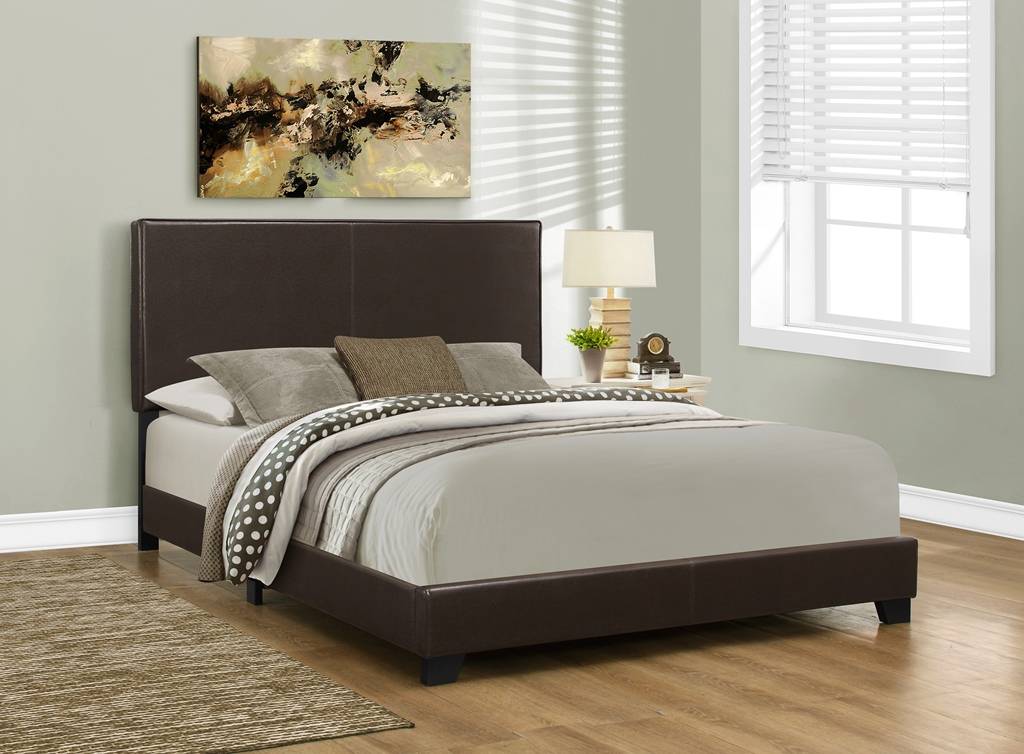 Bed Queen Size Dark Brown Leather, Light Brown Tufted Headboard