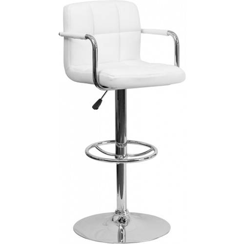 Contemporary White Quilted Design Vinyl Adjustable Height Barstool w/Chrome Base 