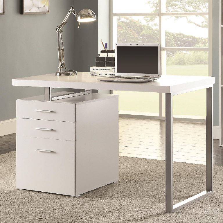 Hilliard Contemporary White Desk, Modern White Desks With Storage