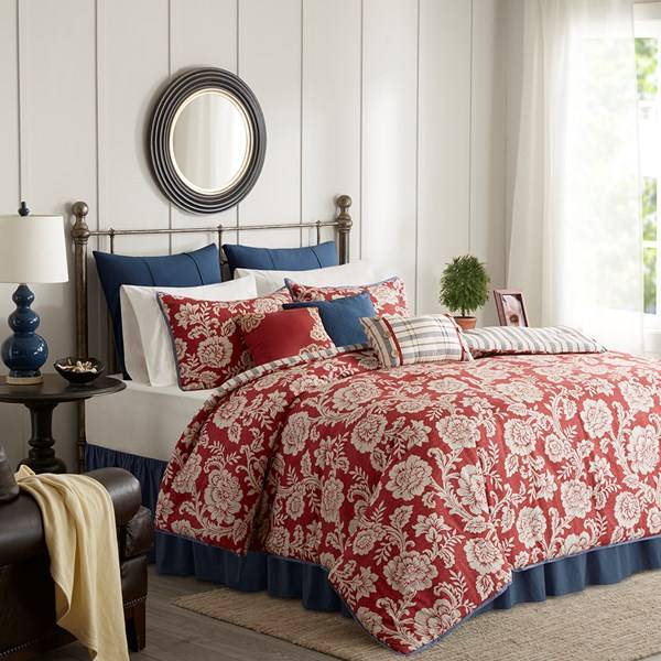 Madison Park Lucy Queen 9 Piece Cotton Twill Reversible Duvet Set in Red -  Olliix MP12-3663