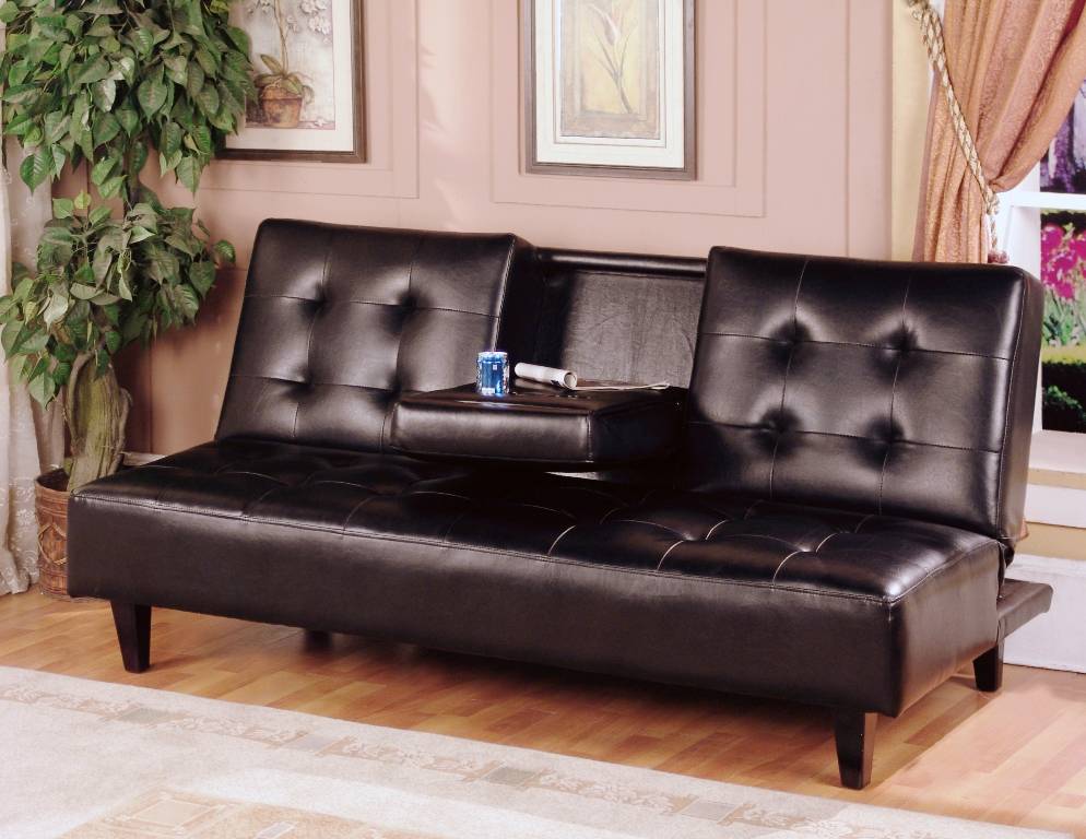 Verano Futon Sofa Bed With Drop Down, Leather Futon With Cup Holders