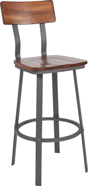 Industrial Style Rustic Walnut Restaurant Barstool with Wood Seat and Back 