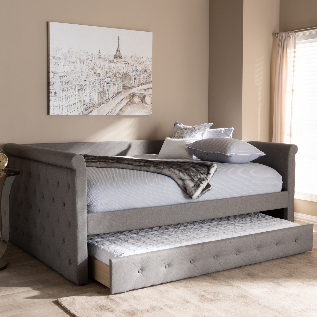 Baxton Studio Alena Modern &amp; Contemporary Grey Fabric Upholstered Full Size Daybed w/ Trundle - CF8825-Grey-Daybed-F/T