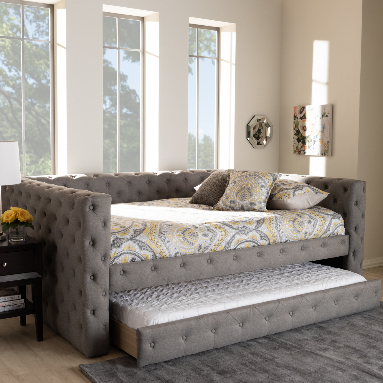 Baxton Studio Anabella Modern &amp; Contemporary Grey Fabric Upholstered Queen Size Daybed w/ Trundle - CF8987-Grey-Daybed-Q/T