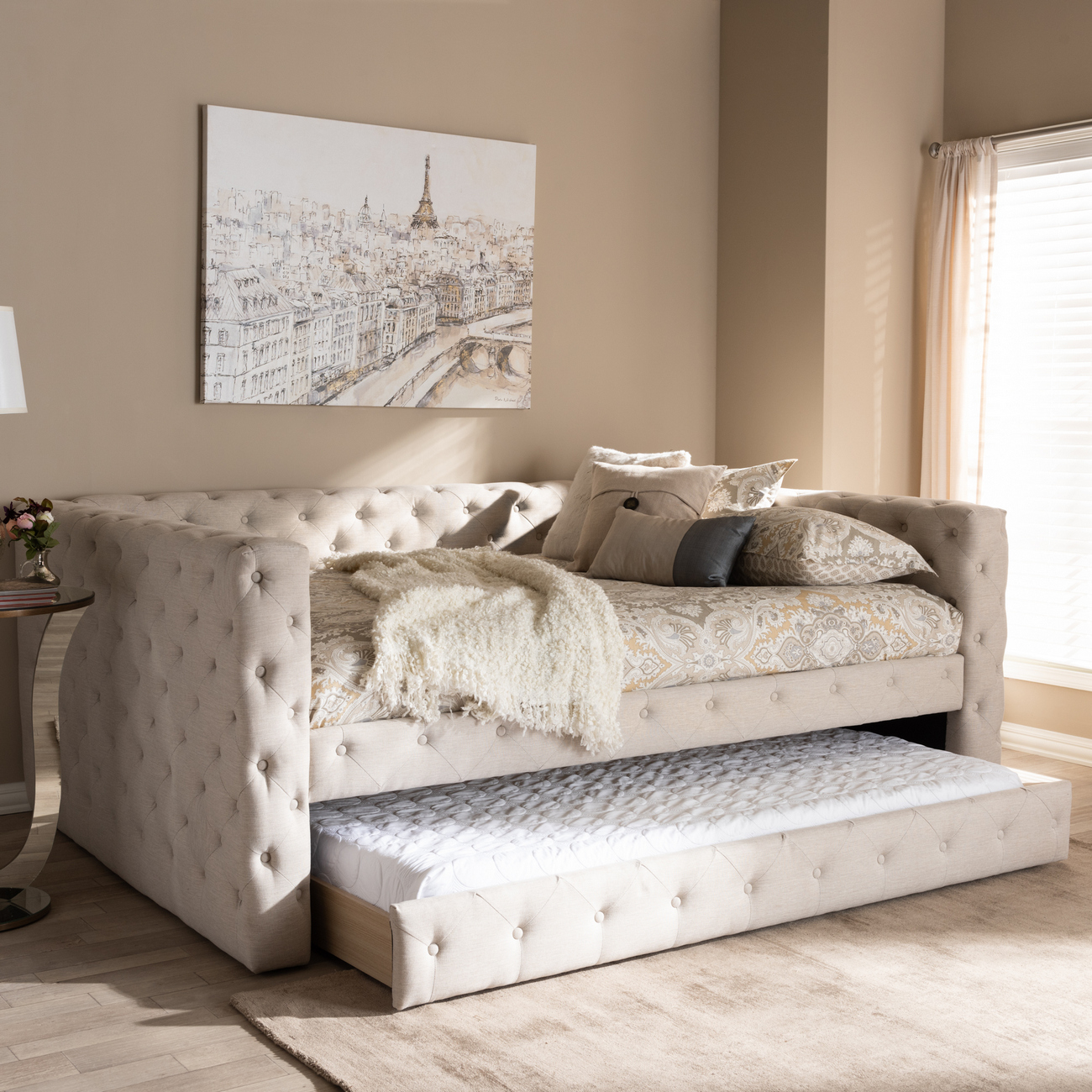 Light Beige Fabric Upholstered Queen Daybed Trundle