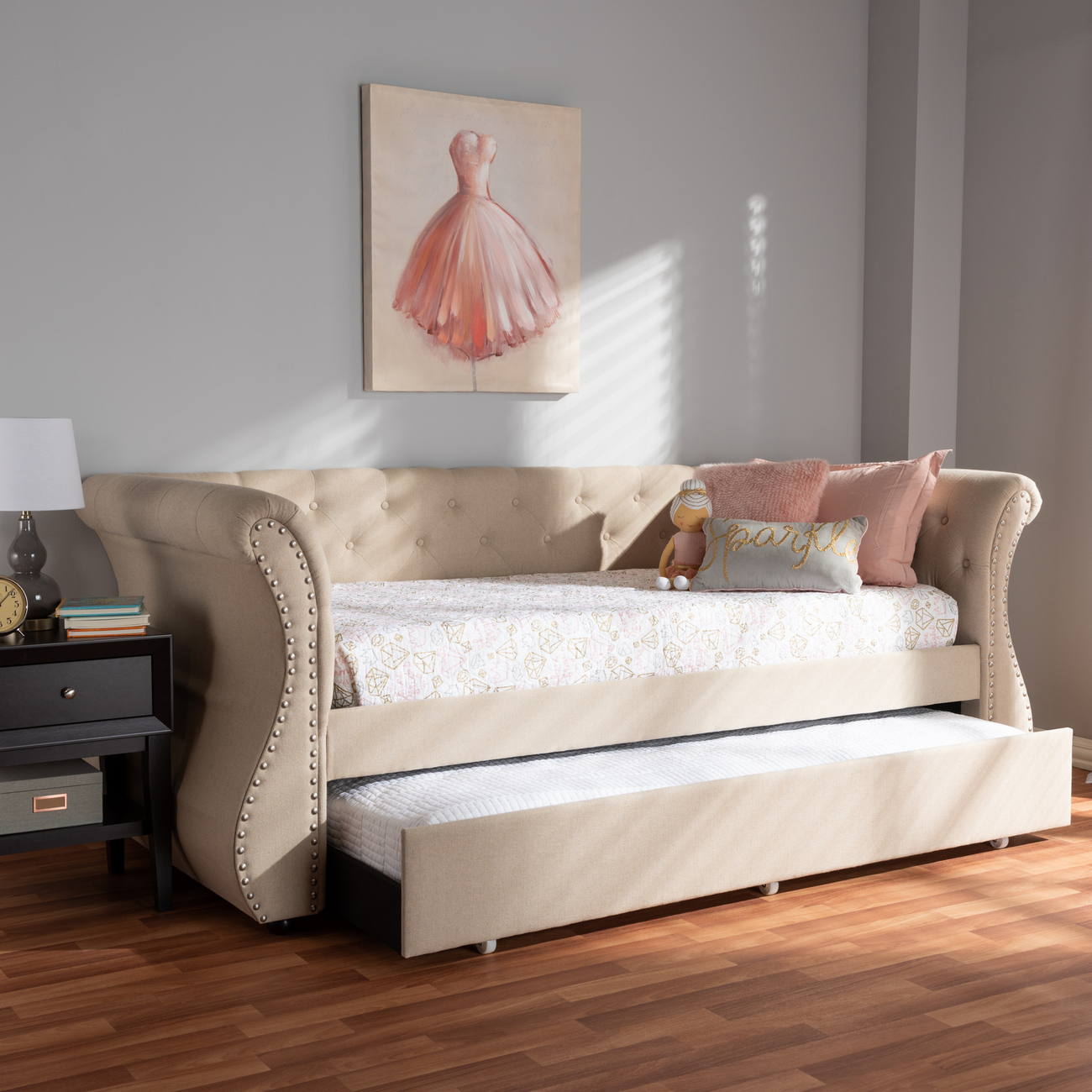 Baxton Studio Cherine Classic &amp; Contemporary Beige Fabric Upholstered Daybed w/ Trundle - WA5018-Beige-Daybed