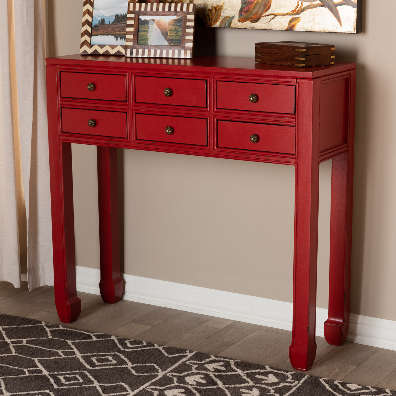 Baxton Studio Pomme Classic & Antique Red Finished Wood Bronze Finished Accents 6-drawer Console Table - Min18-red-st
