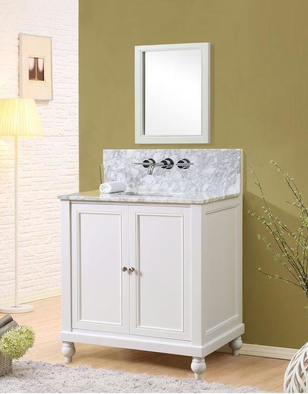 Classic Premium 32&quot; Pearl White Vanity w/ White Carrara Marble Top &amp; Mirror - JJ-32S9-WWC-WM-M