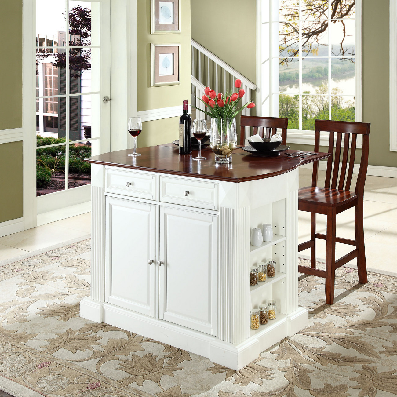 Coventry Drop Leaf Breakfast Bar Top Kitchen Island In White Finish W/ 24" Cherry School House Stools - Crosley Kf300072wh