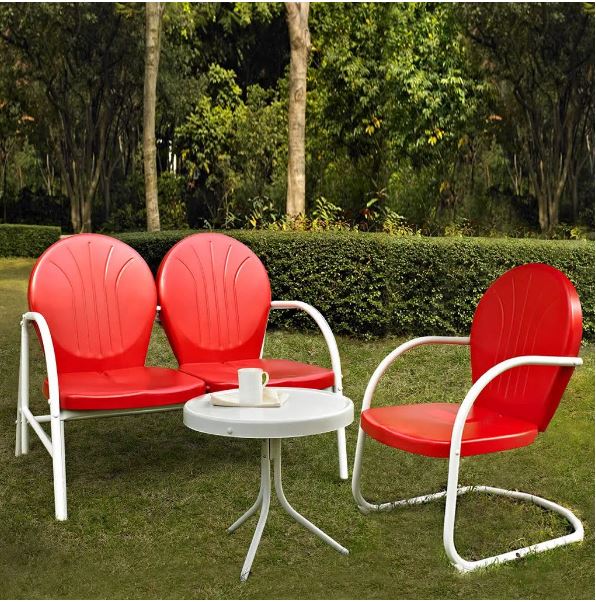 Griffith 3 Piece Metal Outdoor Conversation Seating Set - Loveseat & Chair In Red Finish W/ Side Table In White Finish - Crosley Ko10003re