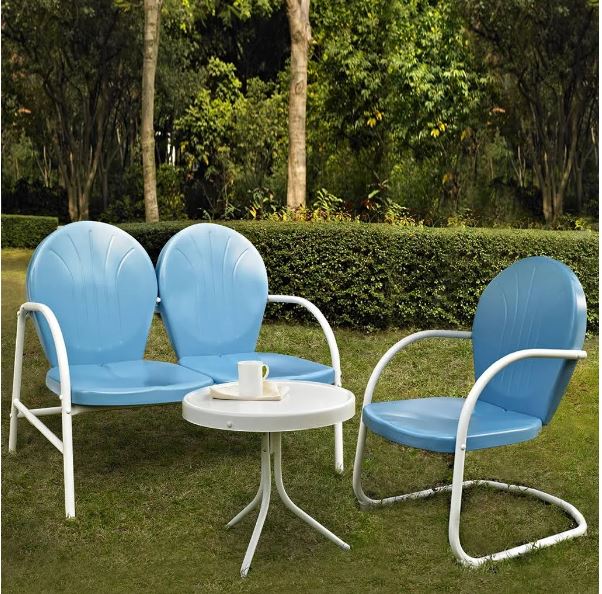 Griffith 3 Piece Metal Outdoor Conversation Seating Set - Loveseat & Chair In Sky Blue Finish W/ Side Table In White Finish - Crosley Ko10003bl