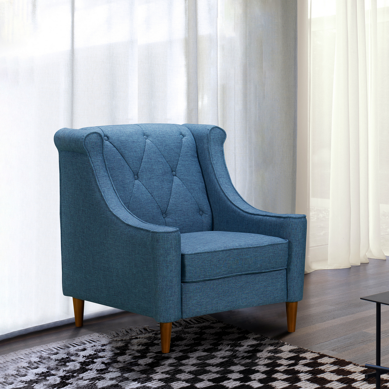 Luxe Mid-Century Sofa Chair in Champagne Wood Finish and Blue Fabric - Armen Living LCLX1BLUE - Sofas