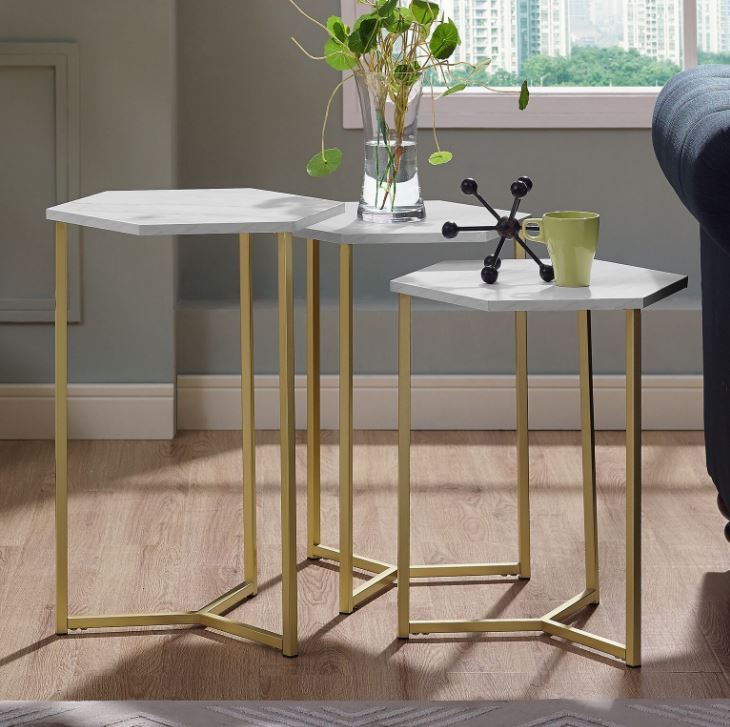 Modern Transitional Hex Wood & Metal Nesting Tables in Faux White Marble / Gold (Set of 3) - Walker Edison AF16HEX3WM