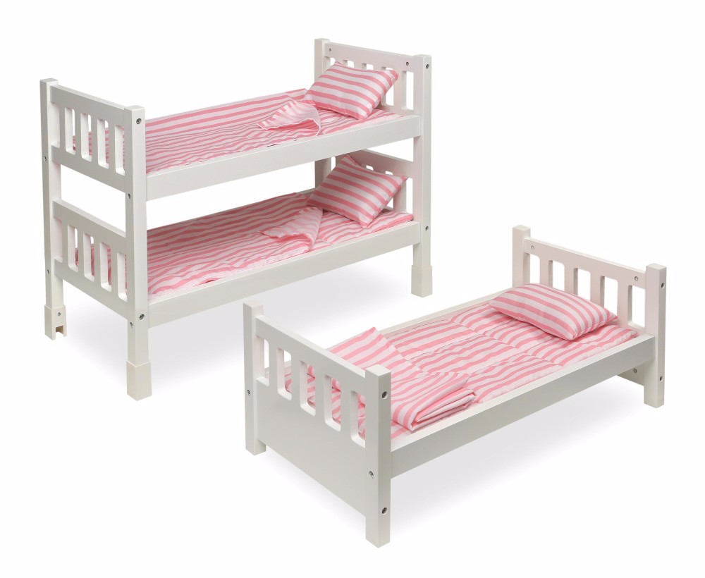 1-2-3 Convertible Doll Bunk Bed w/ Bedding in Pink/Stripe - Badger Basket 18581
