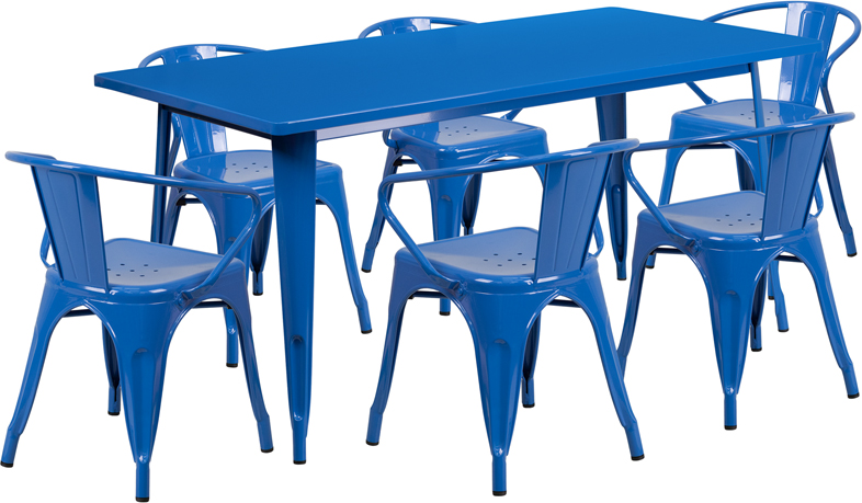 Flash Rectangular Blue Metal Table Set Arm Chairs