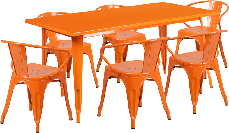 Flash Rectangular Orange Metal Table Set Arm Chairs