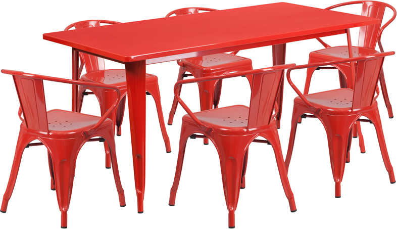Flash Rectangular Red Metal Table Set Arm Chairs