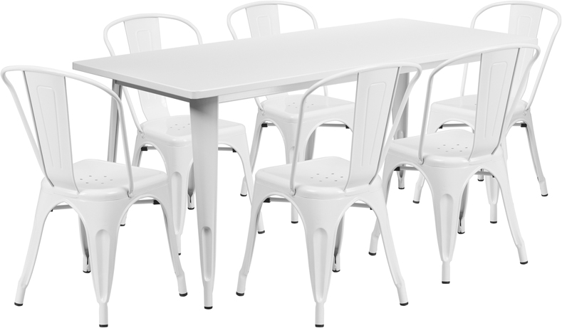 Flash Rectangular White Metal Table Set Arm Chairs