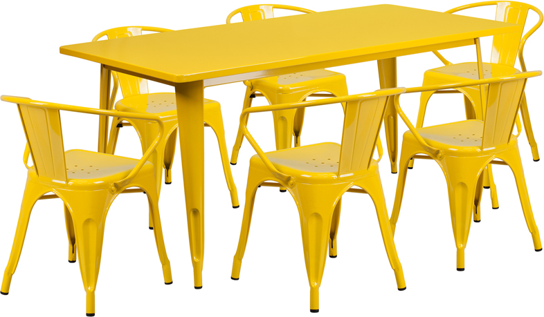 Flash Rectangular Yellow Metal Table Set Arm Chairs