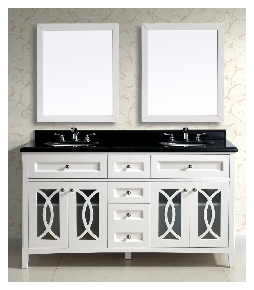Beige White Double Vanity Cabinet Black Top Mirrors