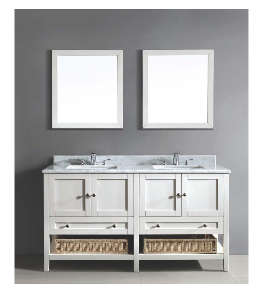Beige White Double Vanity Cabinet White Marble Top Mirrors