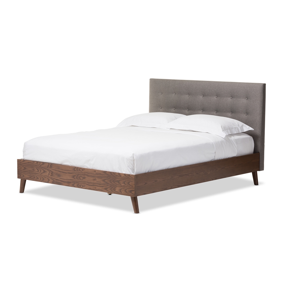 Upholster | Platform | Walnut | Fabric | Modern | Retro | Wood | Grey | Full | Size | Bed
