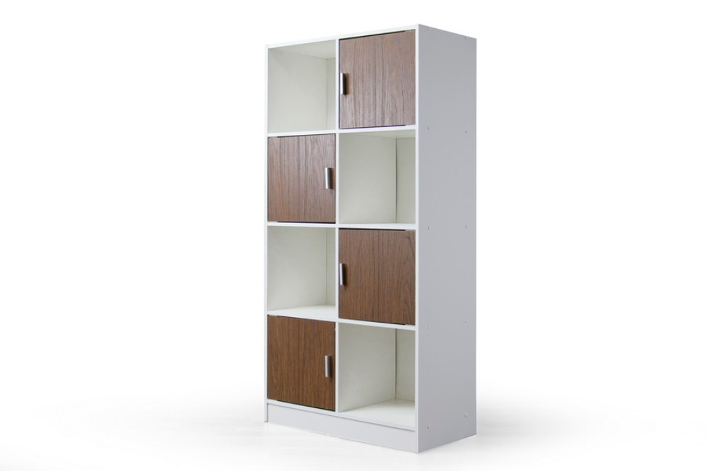 Baxton Studio Cau Whitebrown, Baxton Studio Lindo Bookcase And Dual Pull Out Shelving Cabinet