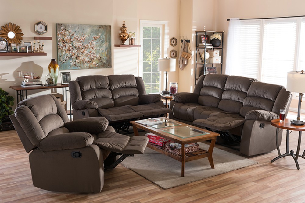 Hollace Taupe Microsuede Sofa Loveseat Chair Set Recliners