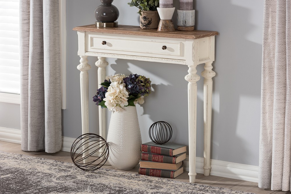 Baxton Studio Marquetterie French Provincial Style Weathered Oak And White Wash Distressed Finish Wood Two-tone Console Table