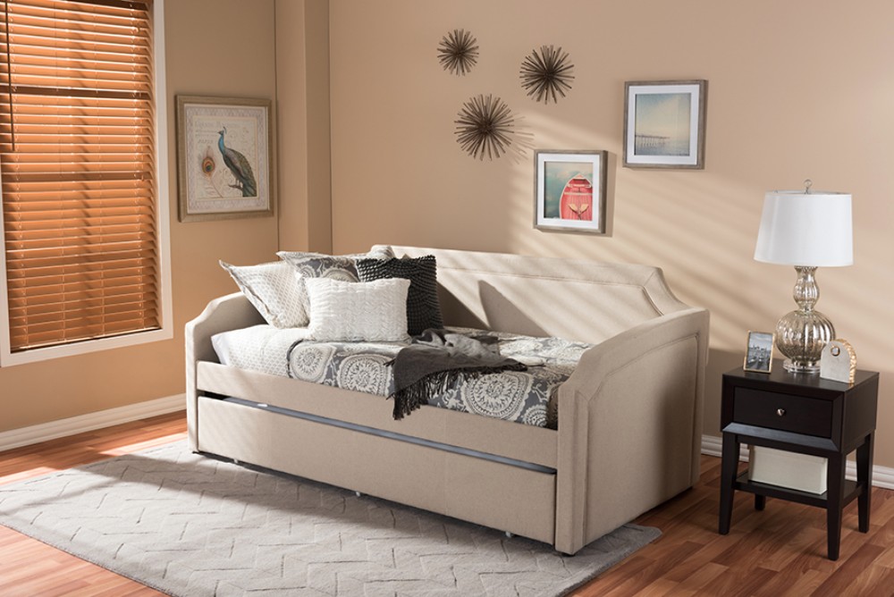 Baxton Studio Parkson Modern Beige Linen Fabric Curved Notched Corners Sofa Twin Daybed /w Roll-Out Trundle Guest Bed